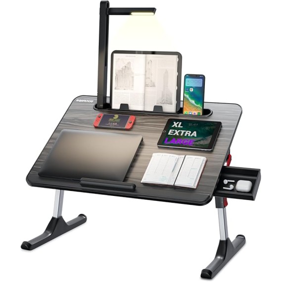 Laptop Desk for Bed with LED Light, Adjustable Foldable Bed Table Lap Desk,Computer Tray Laptop Stand with Book Stand,Wrist Rest, Storage Drawer for Adults Kids Writing Work Study Couch Floor