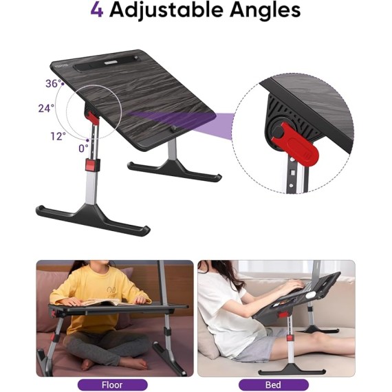 Laptop Desk for Bed with LED Light, Adjustable Foldable Bed Table Lap Desk,Computer Tray Laptop Stand with Book Stand,Wrist Rest, Storage Drawer for Adults Kids Writing Work Study Couch Floor
