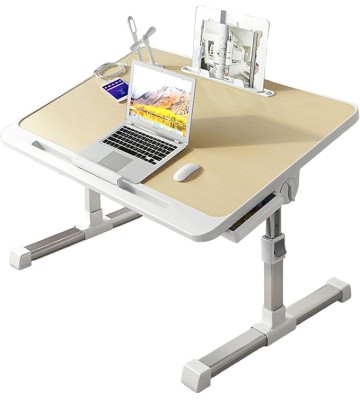 Foldable Bed Tray Table, Adjustable Height Laptop Desk for Bed, Portable Lap Desk for Working and Writing with Storage Drawers Bookshelf and USB Port, Yellow Oak