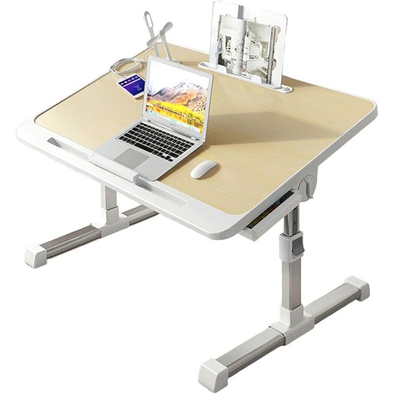 Foldable Bed Tray Table, Adjustable Height Laptop Desk for Bed, Portable Lap Desk for Working and Writing with Storage Drawers Bookshelf and USB Port, Yellow Oak