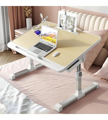 Foldable Bed Tray Table, Adjustable Height Laptop Desk for Bed, Portable Lap Desk for Working and Writing with Storage Drawers Bookshelf and USB Port, Yellow Oak