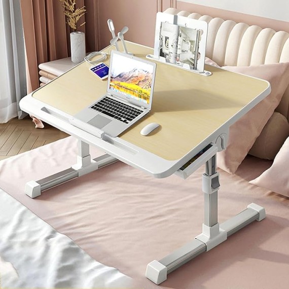 Foldable Bed Tray Table, Adjustable Height Laptop Desk for Bed, Portable Lap Desk for Working and Writing with Storage Drawers Bookshelf and USB Port, Yellow Oak