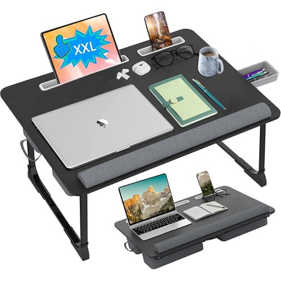 Laptop Lap Desk for Bed, 26" Extra Foldable Laptop Bed Tray Table for Couch - with Cushion & Storage Drawer, Wrist Rest, Tablet & Phone Holder, Foldable Computer Desk for Working & Writing