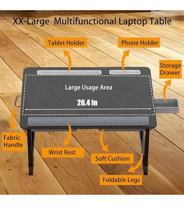 Laptop Lap Desk for Bed, 26" Extra Foldable Laptop Bed Tray Table for Couch - with Cushion & Storage Drawer, Wrist Rest, Tablet & Phone Holder, Foldable Computer Desk for Working & Writing
