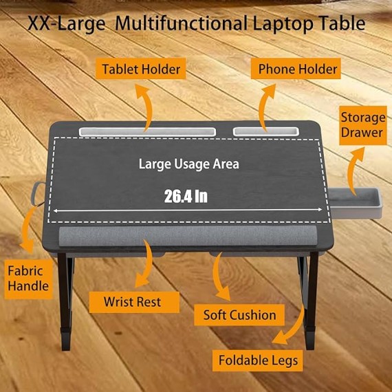 Laptop Lap Desk for Bed, 26" Extra Foldable Laptop Bed Tray Table for Couch - with Cushion & Storage Drawer, Wrist Rest, Tablet & Phone Holder, Foldable Computer Desk for Working & Writing