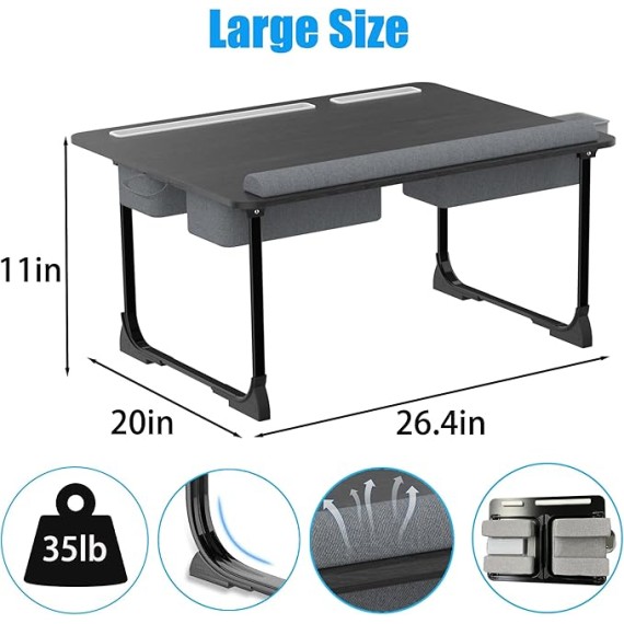 Laptop Lap Desk for Bed, 26" Extra Foldable Laptop Bed Tray Table for Couch - with Cushion & Storage Drawer, Wrist Rest, Tablet & Phone Holder, Foldable Computer Desk for Working & Writing