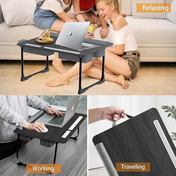 Laptop Lap Desk for Bed, 26" Extra Foldable Laptop Bed Tray Table for Couch - with Cushion & Storage Drawer, Wrist Rest, Tablet & Phone Holder, Foldable Computer Desk for Working & Writing