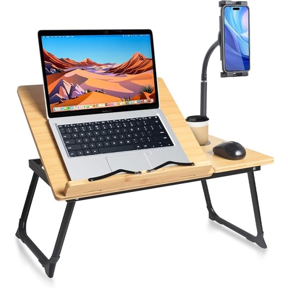 Laptop Desk in Bed,  Adjustable Bamboo Lap Desk Table with Gooseneck Tablet Holder Mount for Laptop,Tablet,Phone,Book Reading