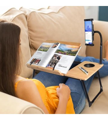 Laptop Desk in Bed,  Adjustable Bamboo Lap Desk Table with Gooseneck Tablet Holder Mount for Laptop,Tablet,Phone,Book Reading