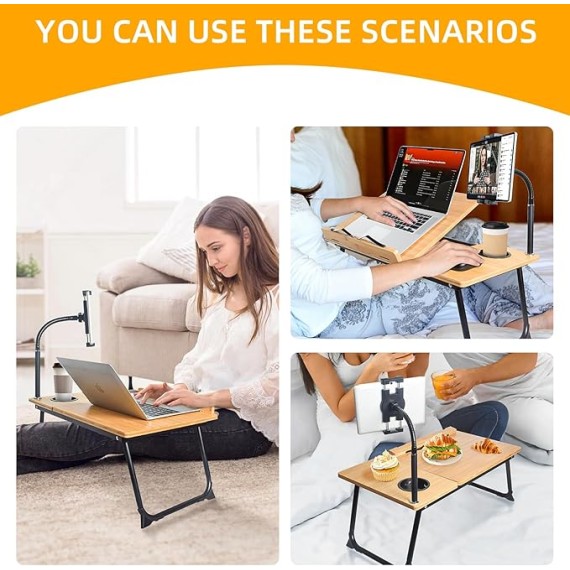 Laptop Desk in Bed,  Adjustable Bamboo Lap Desk Table with Gooseneck Tablet Holder Mount for Laptop,Tablet,Phone,Book Reading