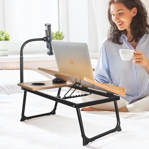 Laptop Desk in Bed,  Adjustable Bamboo Lap Desk Table with Gooseneck Tablet Holder Mount for Laptop,Tablet,Phone,Book Reading