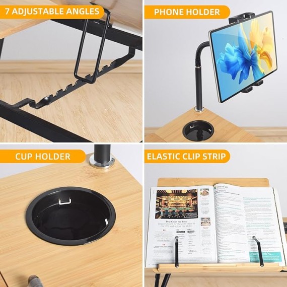 Laptop Desk in Bed,  Adjustable Bamboo Lap Desk Table with Gooseneck Tablet Holder Mount for Laptop,Tablet,Phone,Book Reading