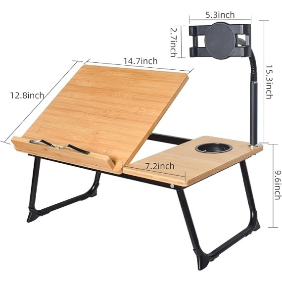 Laptop Desk in Bed,  Adjustable Bamboo Lap Desk Table with Gooseneck Tablet Holder Mount for Laptop,Tablet,Phone,Book Reading