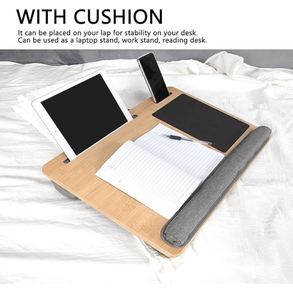 Lap Laptop Desk, 21.7X14.2in Ergonomic Bamboo Laptop Stand, Portable Laptop Table with Soft Cushion for Laptops, Phones, Tablets, and Books