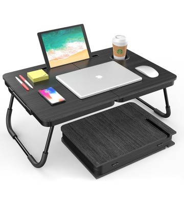 Portable Foldable Laptop Desk for Bed and Couch, Adjustable Lap Desk with Cup Holder and Phone Holder, Ideal for Working, Reading, Writing, and Breakfast (Black)