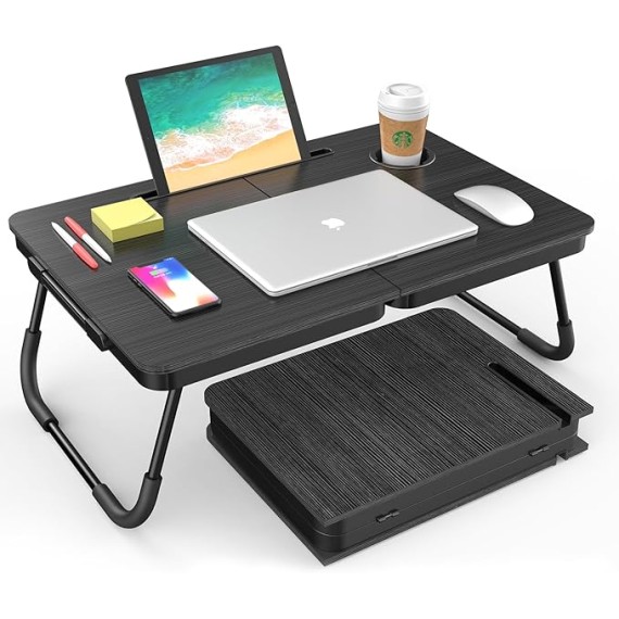 Portable Foldable Laptop Desk for Bed and Couch, Adjustable Lap Desk with Cup Holder and Phone Holder, Ideal for Working, Reading, Writing, and Breakfast (Black)