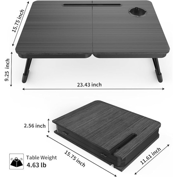 Portable Foldable Laptop Desk for Bed and Couch, Adjustable Lap Desk with Cup Holder and Phone Holder, Ideal for Working, Reading, Writing, and Breakfast (Black)