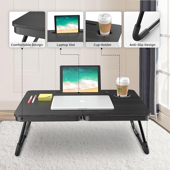 Portable Foldable Laptop Desk for Bed and Couch, Adjustable Lap Desk with Cup Holder and Phone Holder, Ideal for Working, Reading, Writing, and Breakfast (Black)