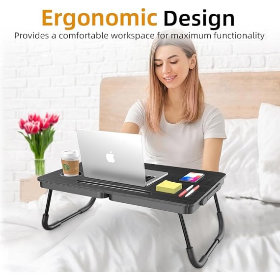 Portable Foldable Laptop Desk for Bed and Couch, Adjustable Lap Desk with Cup Holder and Phone Holder, Ideal for Working, Reading, Writing, and Breakfast (Black)