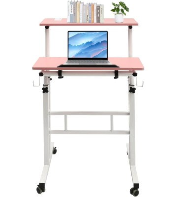 Computer Workstations,Small Standing Desk Adjustable Height,Mobile Stand up Desk,Home Office Workstation,Portable Rolling Desk Laptop Cart,for Standing or Sitting,Pink,for Offices,Student Dormitories