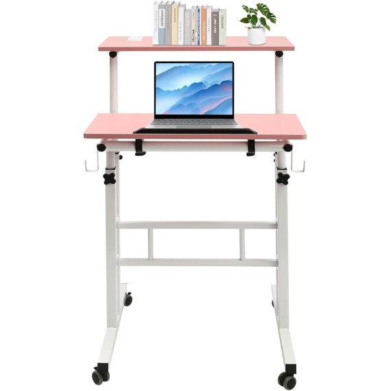 Computer Workstations,Small Standing Desk Adjustable Height,Mobile Stand up Desk,Home Office Workstation,Portable Rolling Desk Laptop Cart,for Standing or Sitting,Pink,for Offices,Student Dormitories