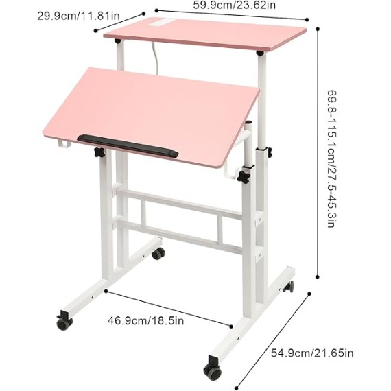 Computer Workstations,Small Standing Desk Adjustable Height,Mobile Stand up Desk,Home Office Workstation,Portable Rolling Desk Laptop Cart,for Standing or Sitting,Pink,for Offices,Student Dormitories