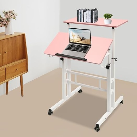 Computer Workstations,Small Standing Desk Adjustable Height,Mobile Stand up Desk,Home Office Workstation,Portable Rolling Desk Laptop Cart,for Standing or Sitting,Pink,for Offices,Student Dormitories