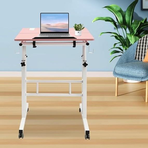 Computer Workstations,Small Standing Desk Adjustable Height,Mobile Stand up Desk,Home Office Workstation,Portable Rolling Desk Laptop Cart,for Standing or Sitting,Pink,for Offices,Student Dormitories