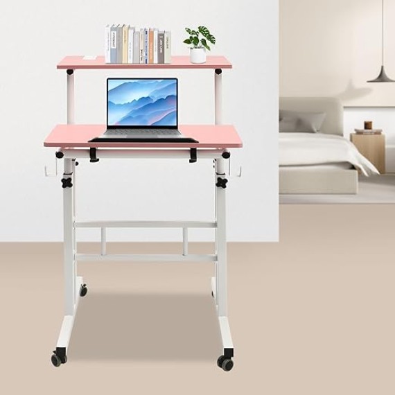 Computer Workstations,Small Standing Desk Adjustable Height,Mobile Stand up Desk,Home Office Workstation,Portable Rolling Desk Laptop Cart,for Standing or Sitting,Pink,for Offices,Student Dormitories
