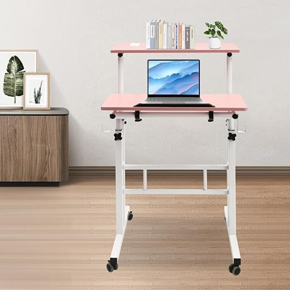 Computer Workstations,Small Standing Desk Adjustable Height,Mobile Stand up Desk,Home Office Workstation,Portable Rolling Desk Laptop Cart,for Standing or Sitting,Pink,for Offices,Student Dormitories