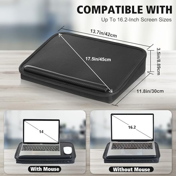 Laptop Lap Desk with Cushion, Comfortable Lap Desk for Laptop and Tablet PC, Portable Laptop Desk Stand, Lightweight Laptop Storage Bag with Handle, Fits up to 16.2in, Black