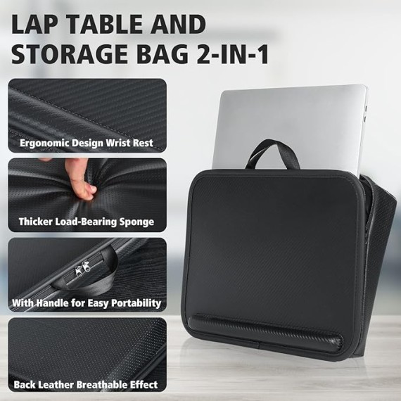 Laptop Lap Desk with Cushion, Comfortable Lap Desk for Laptop and Tablet PC, Portable Laptop Desk Stand, Lightweight Laptop Storage Bag with Handle, Fits up to 16.2in, Black