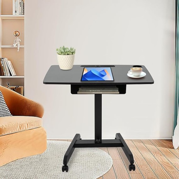 Mobile Computer Desk,Standing Height Adjustable Laptop Desk Rolling Table,Overbed Table,Adjustable Computer Desk Cart,Laptop Standing Desk Cart with 4 Wheels&Shelf