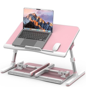 Adjustable Laptop Desk for Bed,  Leather Bed Table Tray with Removable Stopper, Portable & Lightweight Bed Desk for Working Writing Drawing Eating, Pink (21.65"*13")