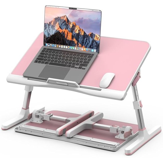 Adjustable Laptop Desk for Bed,  Leather Bed Table Tray with Removable Stopper, Portable & Lightweight Bed Desk for Working Writing Drawing Eating, Pink (21.65"*13")