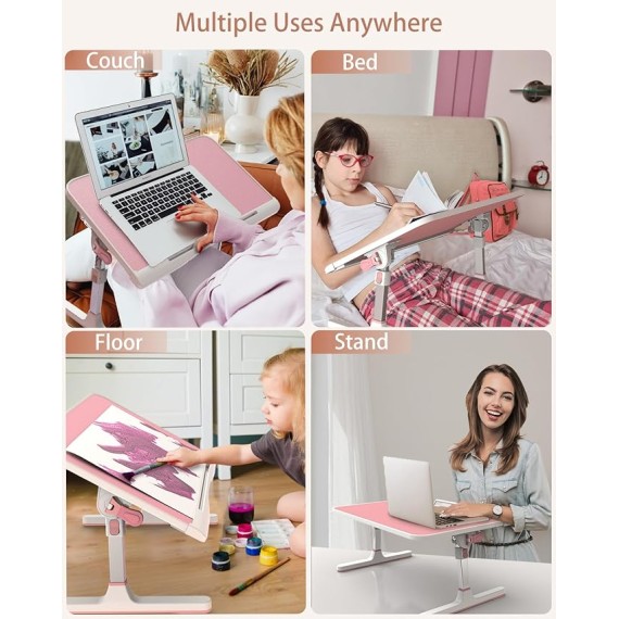 Adjustable Laptop Desk for Bed,  Leather Bed Table Tray with Removable Stopper, Portable & Lightweight Bed Desk for Working Writing Drawing Eating, Pink (21.65"*13")