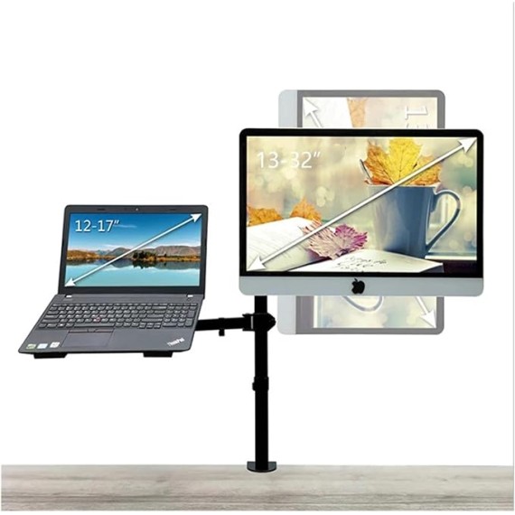 M074 Dual LCD Monitor Desk Mount Fully Adjustable Stand with Extra Laptop Tray, Fits Laptops Up to 17" and Screens Up to 32"