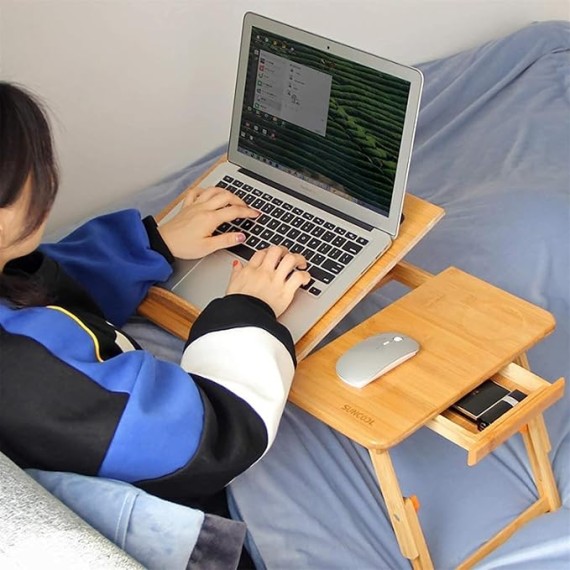 Laptop Bed Table Wooden Laptop Desk Portable Folding Desk Sofa Bed Notebook Stand Study Table with Drawer + Cup Holder + Phone