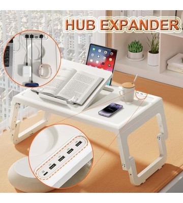 Bed Table, Lightweight Foldable Bed Desk Adjustable Height Tilt Surface Laptop Desk Floor Desk Lap Desk Laptop Table Folding Legs Breakfast Serving Tray Desk Laptop Ideal for Bed Couch, White