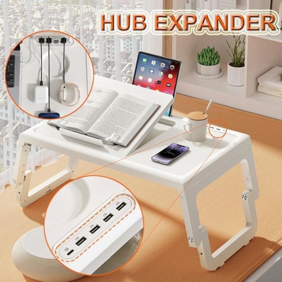 Bed Table, Lightweight Foldable Bed Desk Adjustable Height Tilt Surface Laptop Desk Floor Desk Lap Desk Laptop Table Folding Legs Breakfast Serving Tray Desk Laptop Ideal for Bed Couch, White