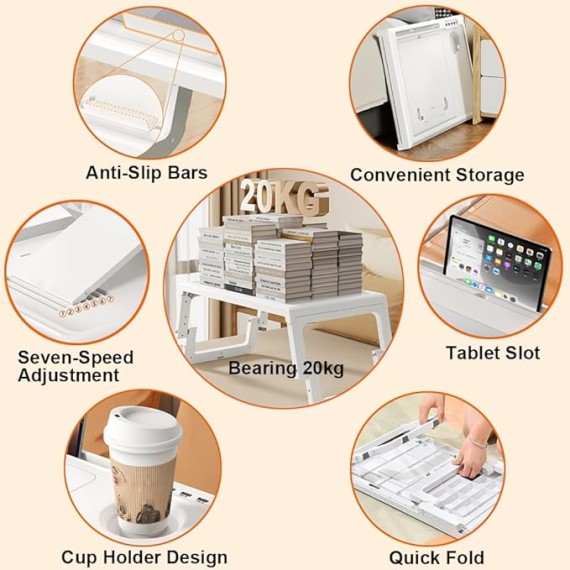 Bed Table, Lightweight Foldable Bed Desk Adjustable Height Tilt Surface Laptop Desk Floor Desk Lap Desk Laptop Table Folding Legs Breakfast Serving Tray Desk Laptop Ideal for Bed Couch, White