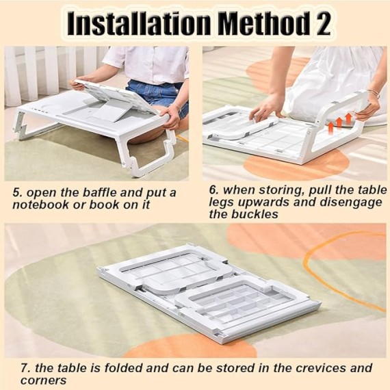 Bed Table, Lightweight Foldable Bed Desk Adjustable Height Tilt Surface Laptop Desk Floor Desk Lap Desk Laptop Table Folding Legs Breakfast Serving Tray Desk Laptop Ideal for Bed Couch, White
