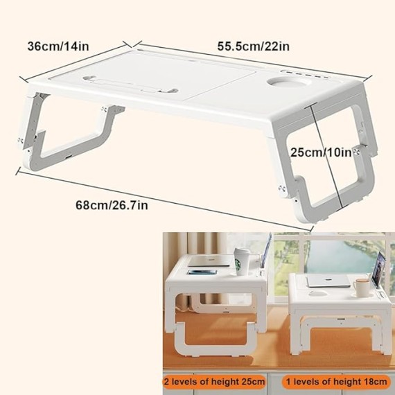 Bed Table, Lightweight Foldable Bed Desk Adjustable Height Tilt Surface Laptop Desk Floor Desk Lap Desk Laptop Table Folding Legs Breakfast Serving Tray Desk Laptop Ideal for Bed Couch, White
