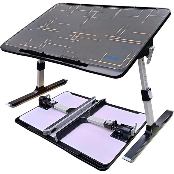 Adjustable Laptop Desk for Bed: Height & Angle Adjustable Lap Desk - Portable Standing Desk with Storage Drawer, Baffle, USB Night Light, Fan and Elastic Page Clips
