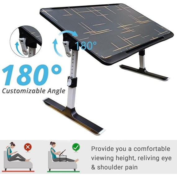 Adjustable Laptop Desk for Bed: Height & Angle Adjustable Lap Desk - Portable Standing Desk with Storage Drawer, Baffle, USB Night Light, Fan and Elastic Page Clips