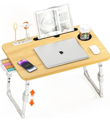 Laptop Bed Desk Height Adjustable, Bed Laptop Table with USB/Storage Drawer/Cup Holder/Tablet Stand/Book Shelf, Foldable Breakfast Tray Portable for Reading Writing, Bed, Sofa & Floor, Wood
