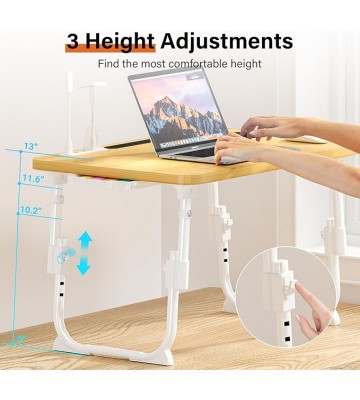 Laptop Bed Desk Height Adjustable, Bed Laptop Table with USB/Storage Drawer/Cup Holder/Tablet Stand/Book Shelf, Foldable Breakfast Tray Portable for Reading Writing, Bed, Sofa & Floor, Wood