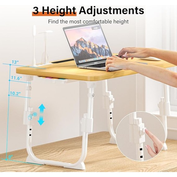 Laptop Bed Desk Height Adjustable, Bed Laptop Table with USB/Storage Drawer/Cup Holder/Tablet Stand/Book Shelf, Foldable Breakfast Tray Portable for Reading Writing, Bed, Sofa & Floor, Wood