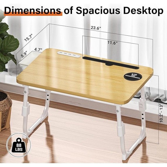 Laptop Bed Desk Height Adjustable, Bed Laptop Table with USB/Storage Drawer/Cup Holder/Tablet Stand/Book Shelf, Foldable Breakfast Tray Portable for Reading Writing, Bed, Sofa & Floor, Wood