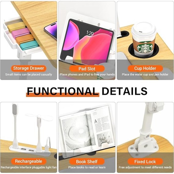 Laptop Bed Desk Height Adjustable, Bed Laptop Table with USB/Storage Drawer/Cup Holder/Tablet Stand/Book Shelf, Foldable Breakfast Tray Portable for Reading Writing, Bed, Sofa & Floor, Wood